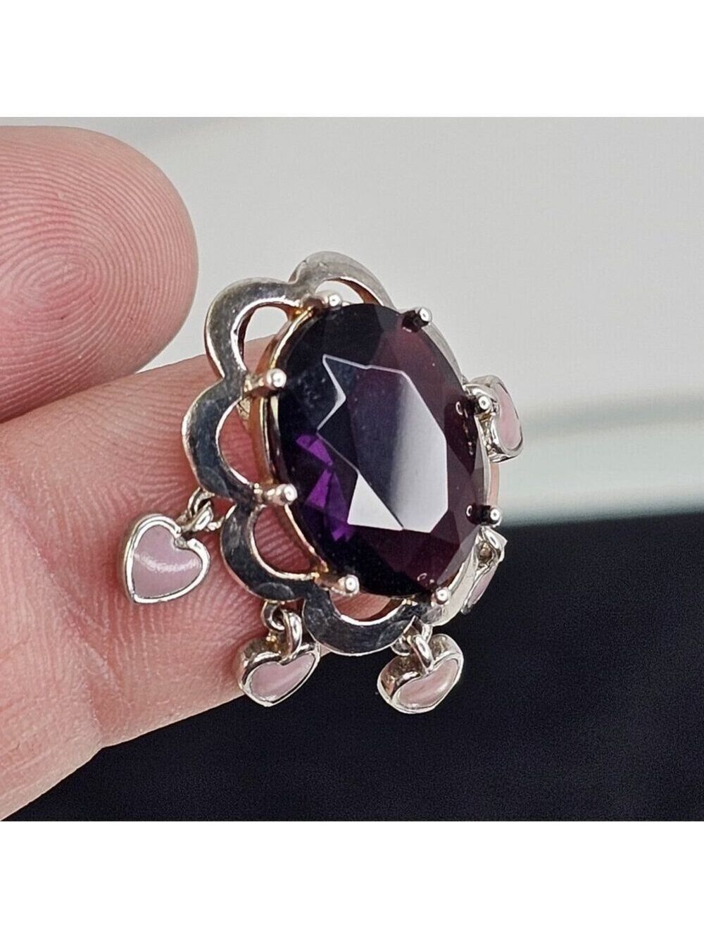 925 Sterling Silver Purple Stone Pink Enamel Heart Dangle Pendant 5.82g
